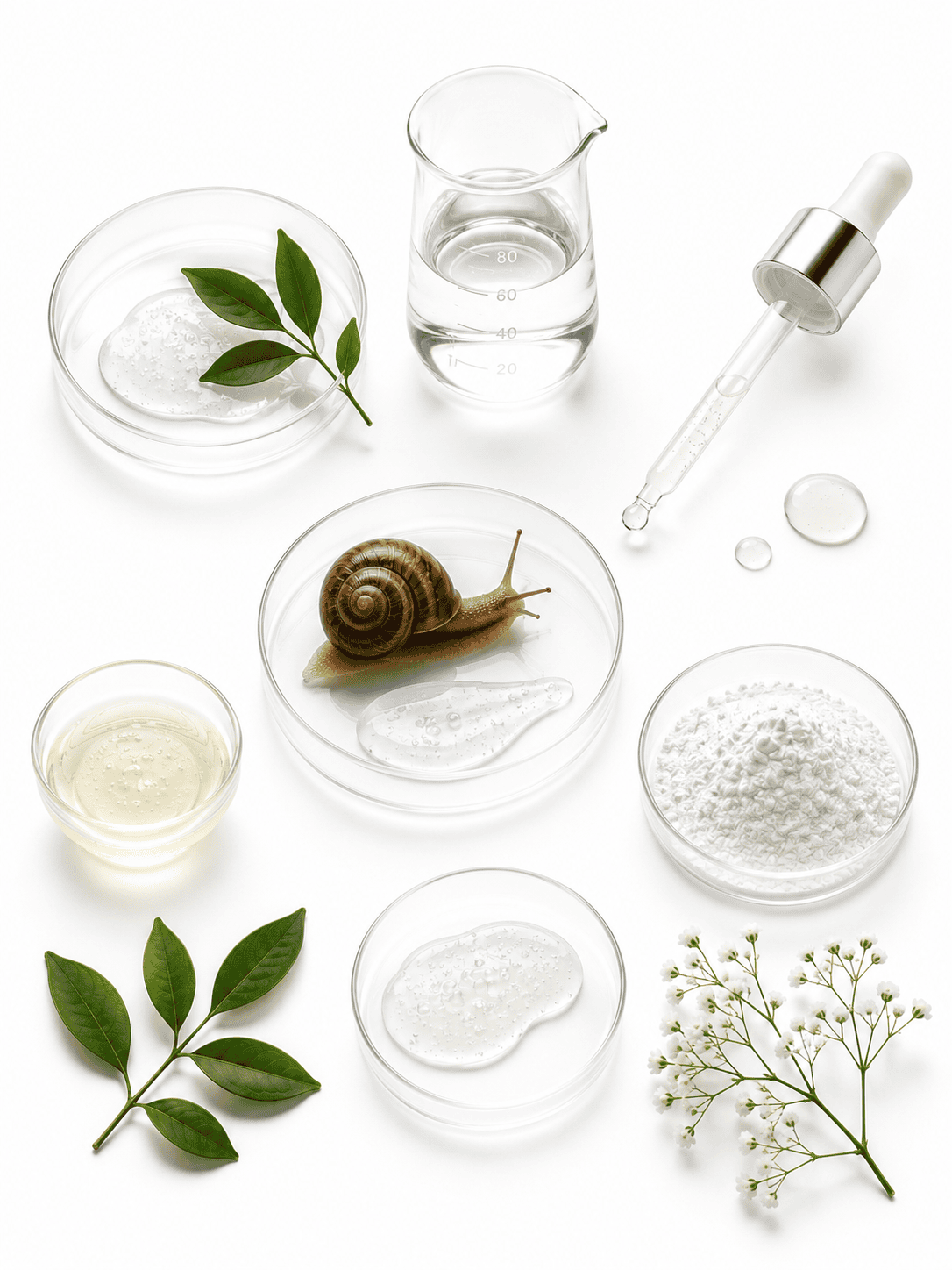 Ingredienti e campioni cosmetici per lo sviluppo di un siero alla bava di lumaca Private Label su sfondo bianco.