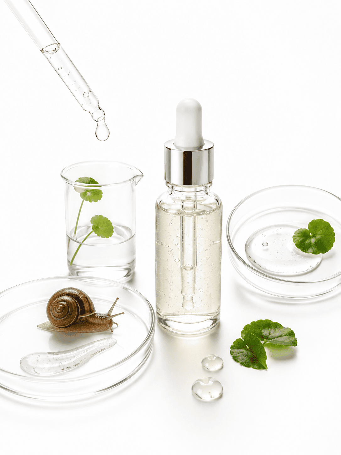 Siero alla bava di lumaca con contagocce, texture in gel e riferimenti alla ricerca cosmetica su sfondo bianco.