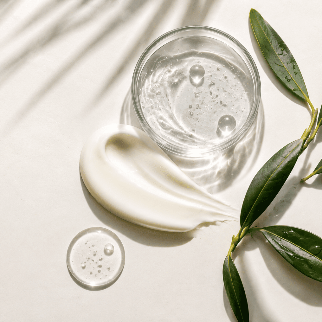 Texture cosmetica con crema idratante, gel trasparente e foglie verdi su sfondo bianco, simbolo della routine skincare post estate.
